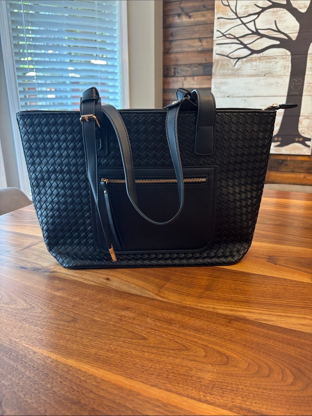 NEW AR New York Woven Black Large Shoulder Tote with Gold Hardware Travel Purse